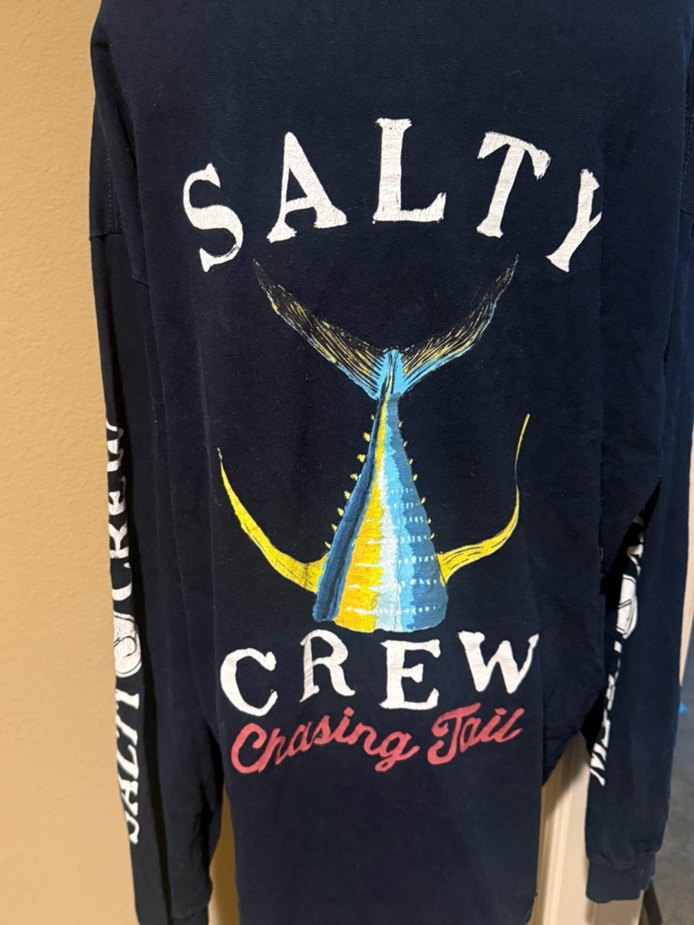 Salty Crew Navy Long Sleeve Tee with Yellow, Blue & White Fish Tail